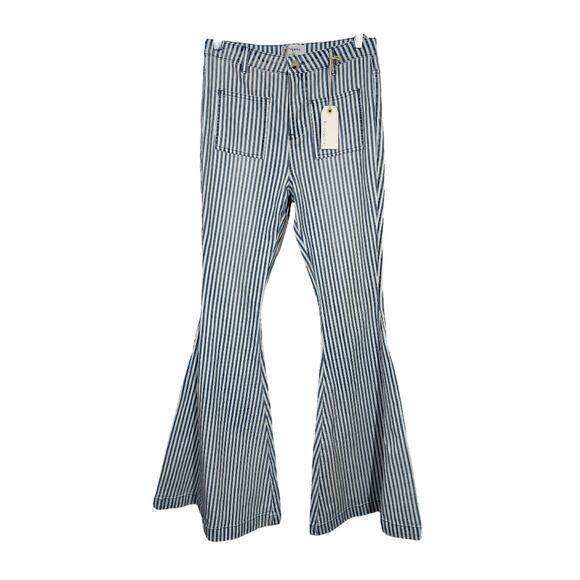 By Together Blue Striped Bell Bottom Jeans Small New High Waisted Boho Flare - Picture 1 of 6